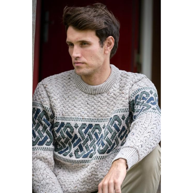 Irish Aran Jacquard Crew Neck Sweater  - Oatmeal